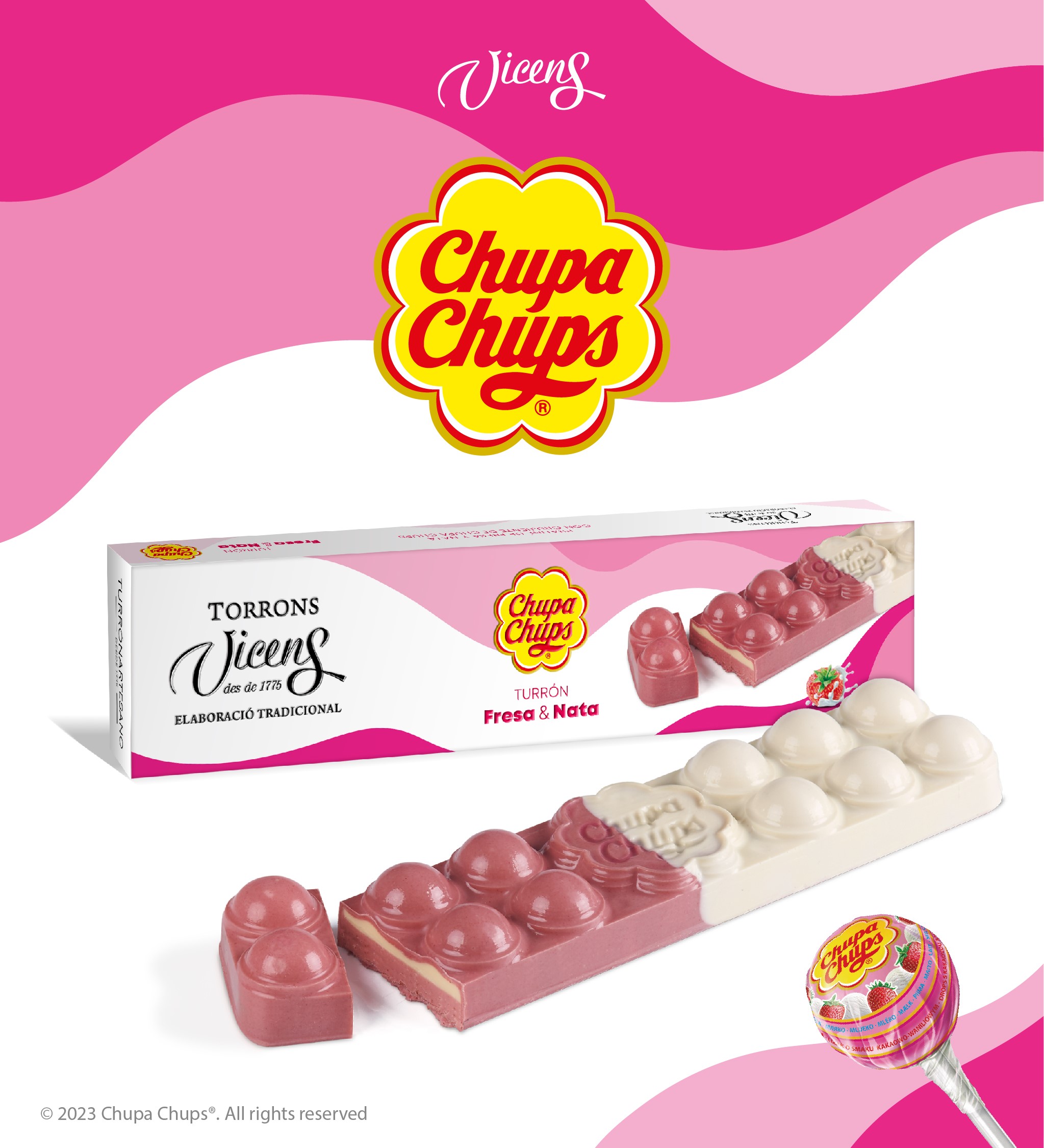 Torrons Vicens surprises at the Salón Gourmets Fair with the presentation of its latest novelty: Chupa Chups® strawberry and cream nougat.