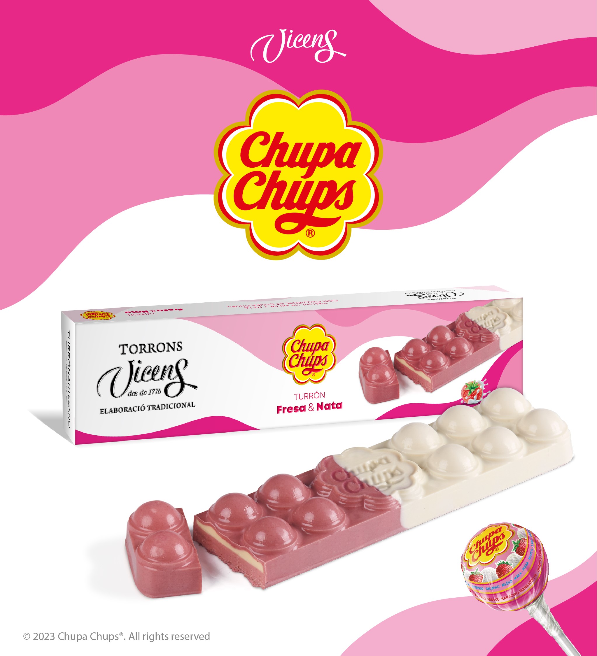 Torrons Vicens surprend au Salon des Gourmets avec la présentation de sa dernière nouveauté : le nougat à la fraise et à la crème Chupa Chups®.