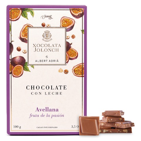 Xocolata amb Llet amb Avellanes i Fruita de la Passió 100g