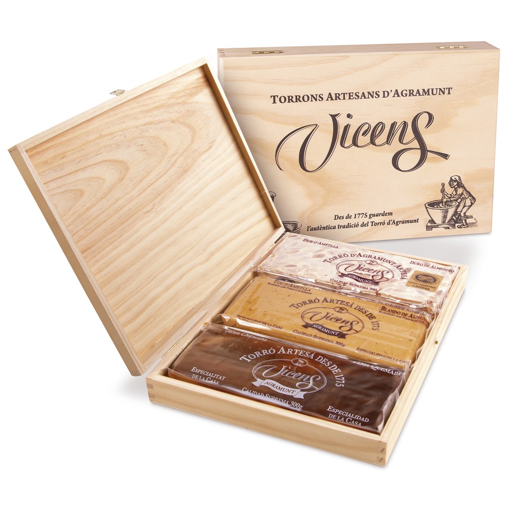 Wooden artisanal case of 3 nougat bars 300g