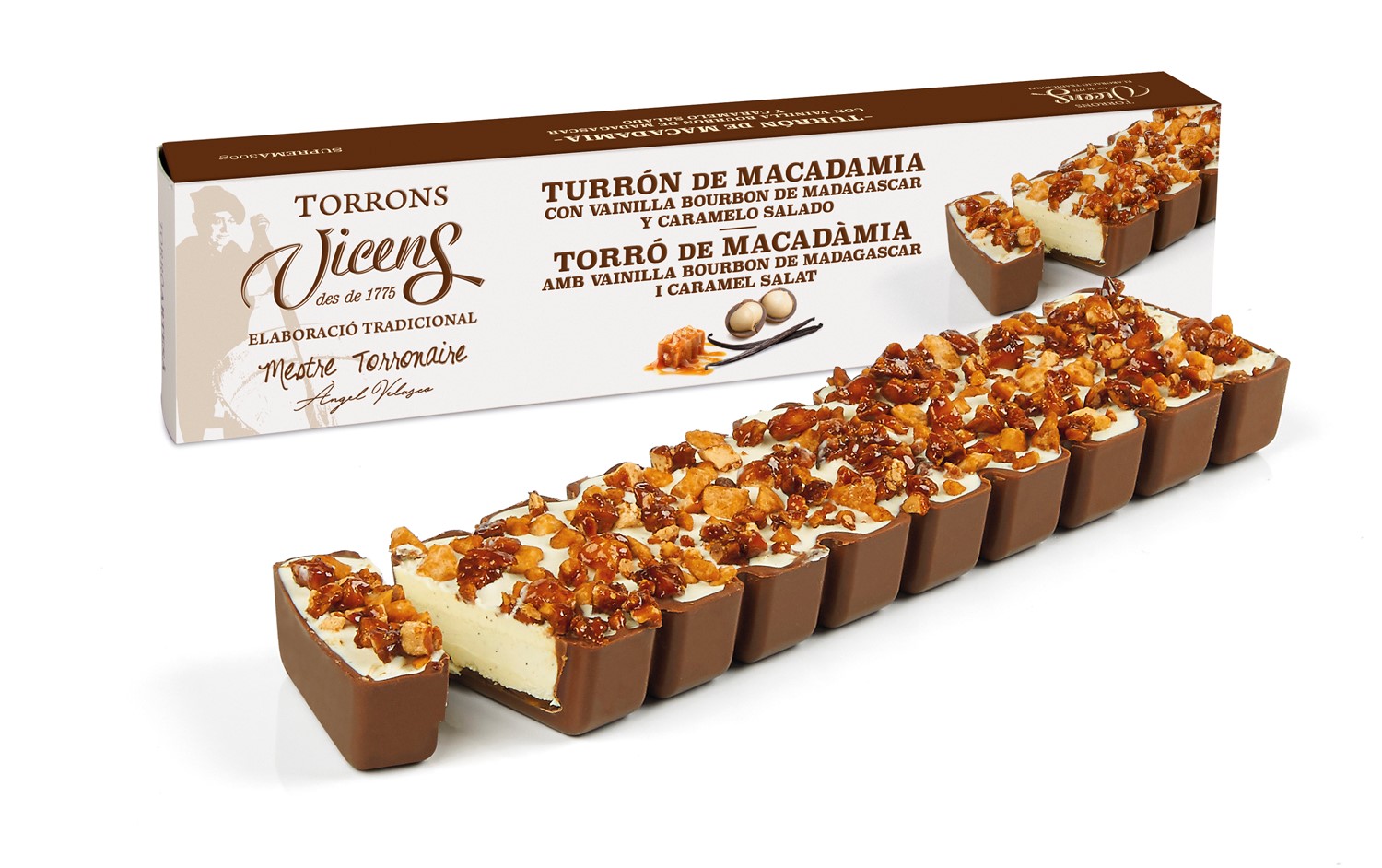 Macadamia nougat with Bourbon Vanilla from Madagascar and salted caramel in Case 300g