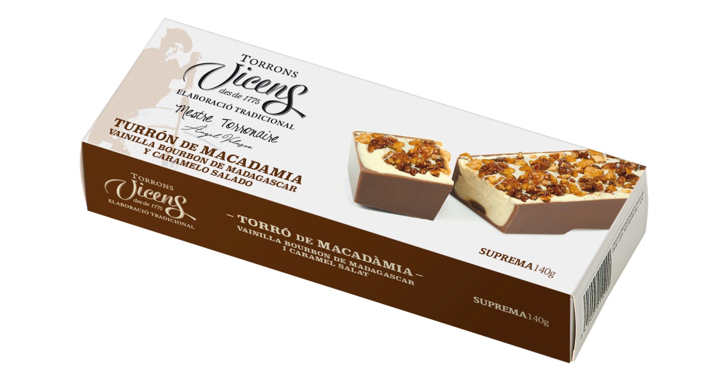 Turrón de Macadamia con Vainilla Bourbon de Madagascar y caramelo salado 140g en Estuche