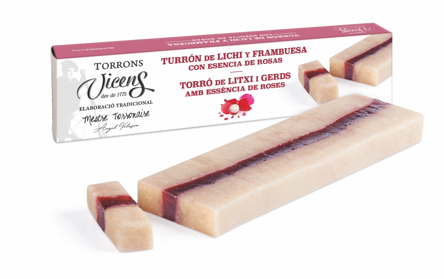 Turrón de Lichi, Frambuesa y Rosas 300g en Estuche