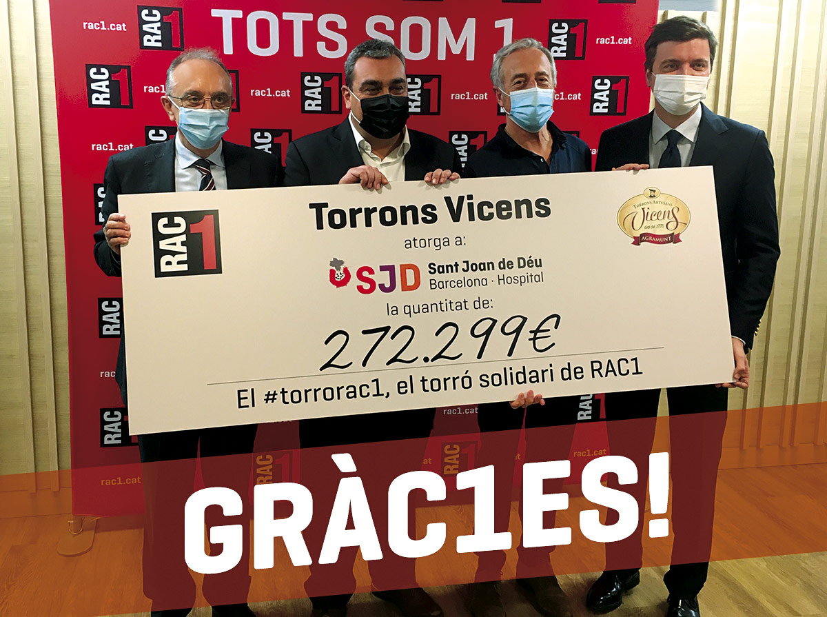 El turrónrac1, el Torró Solidari, supera la xifra de més d'un milió dos-cents mil euros per a l'Hospital de Sant Joan de Déu