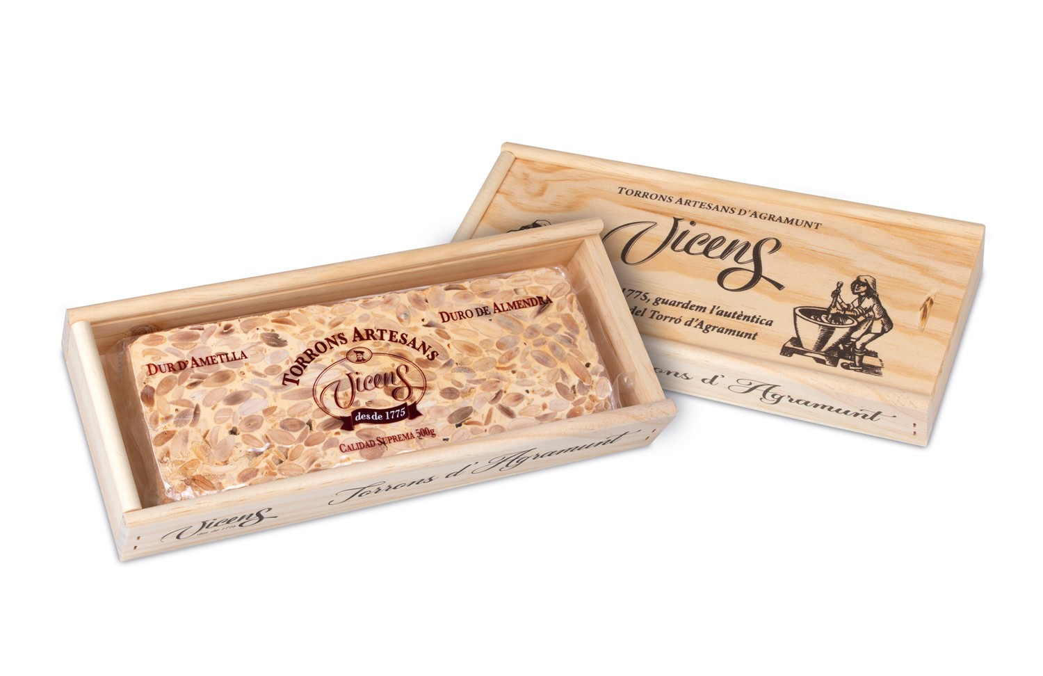 Box with wooden lid 1 artisan nougat bar 500g